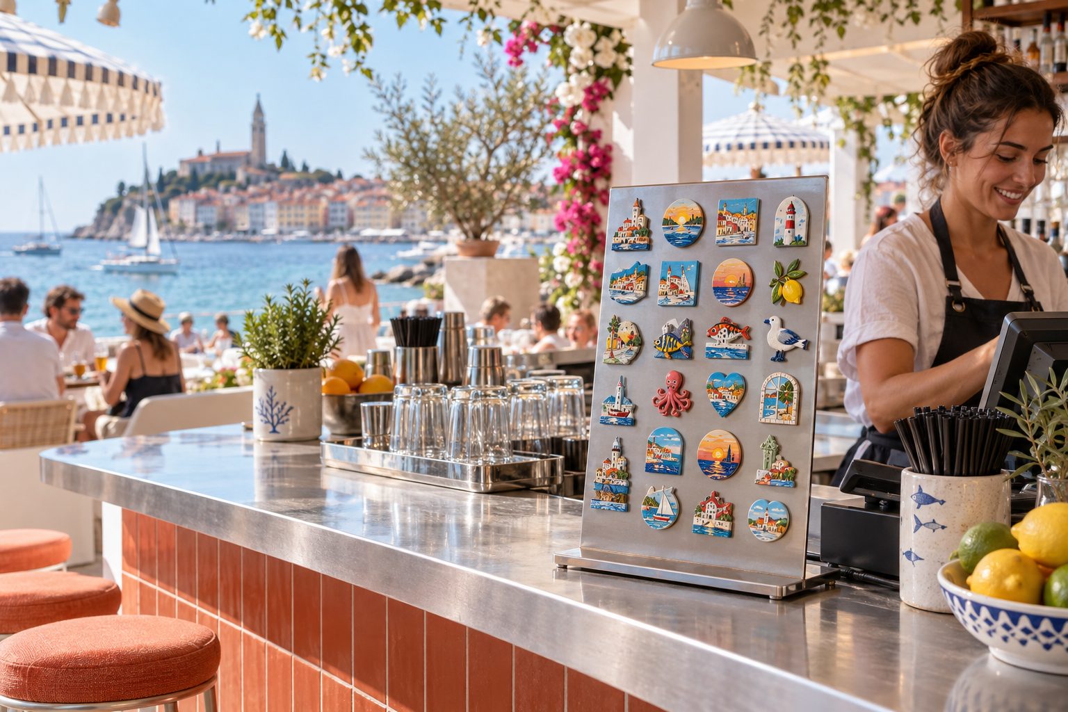 Vizualizacija UI: plažni bar z majhnim stojalom za magnete na pultu