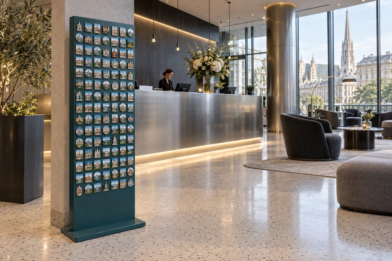 Vizualizacija UI: hotelska avla z majhnim stojalom za magnete na recepciji